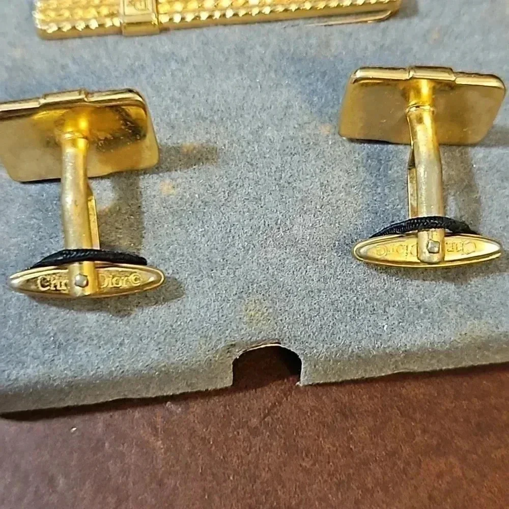 Christian Dior Braided Gold Tone Cufflink and Tie Bar Set in Box Vintage